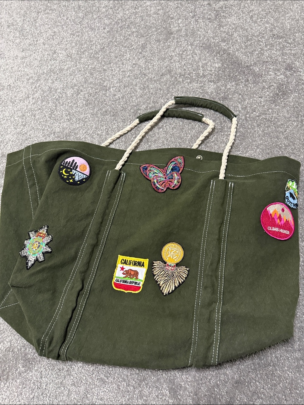 Free People Olive Green Canvas Tote with Embroidered Patch Accents